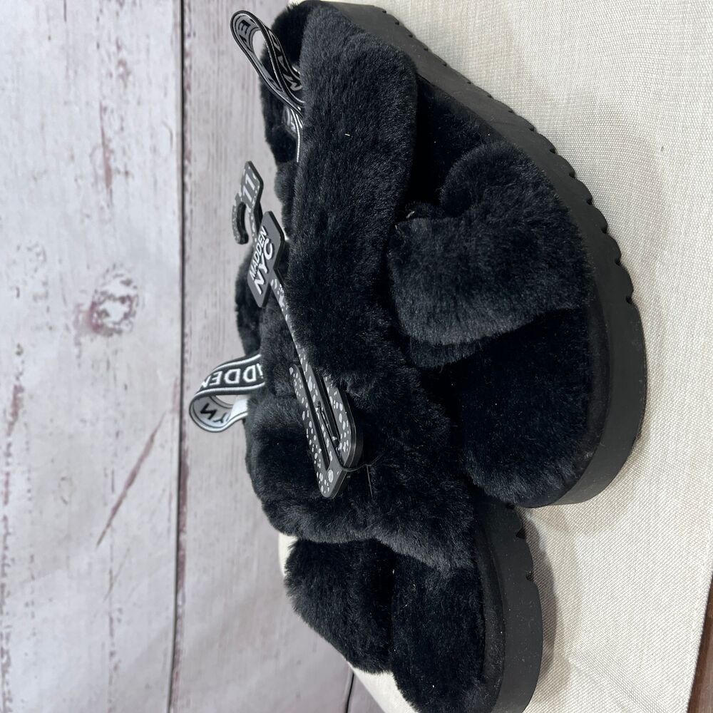 NWT Steve Madden‎ Black Criss Cross Fuzzy Slide Slippers Size 11